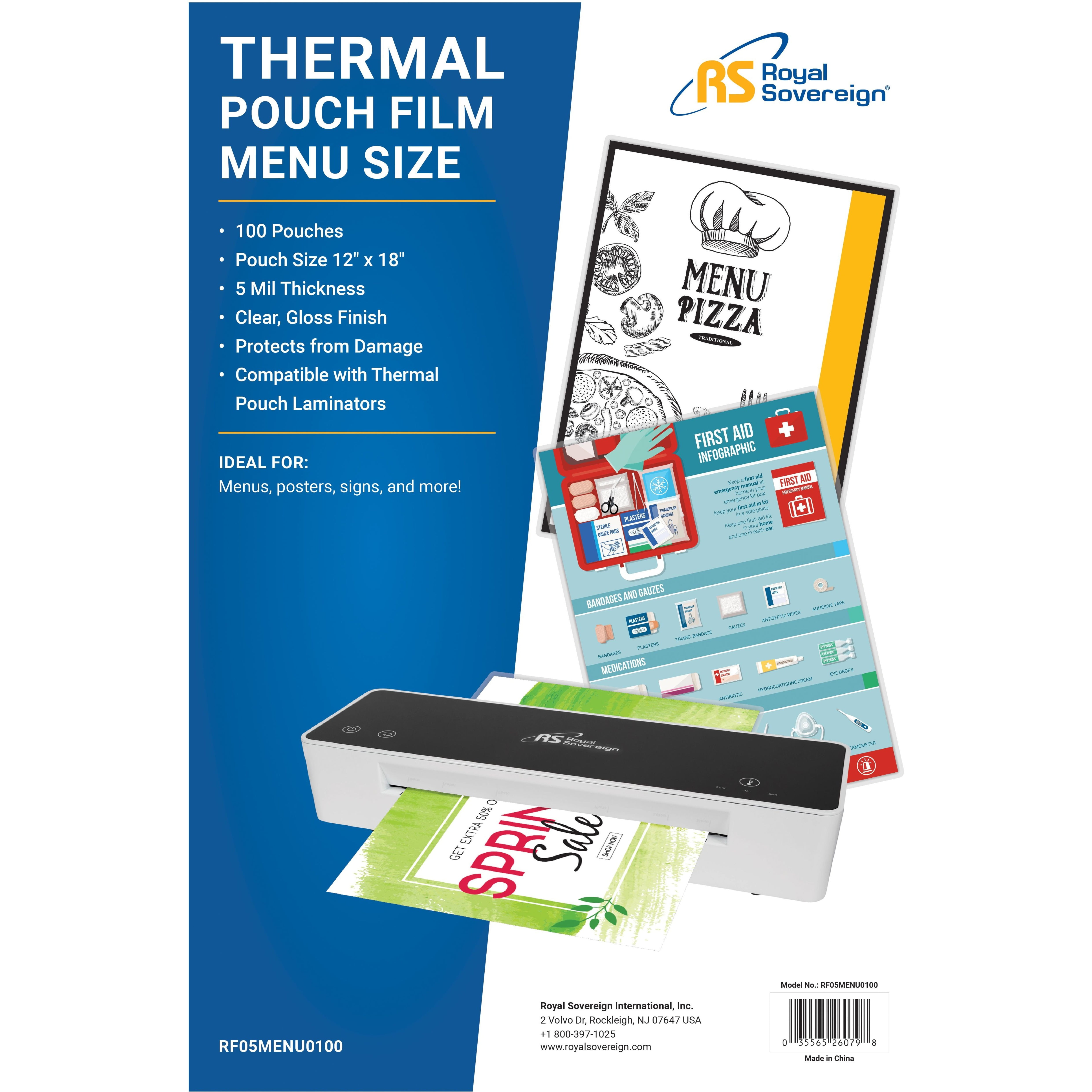 ROYAL SOVEREIGN Menu Size - 12" x 18" - 5mil - 100 Pack - Thermal Laminating Pouches