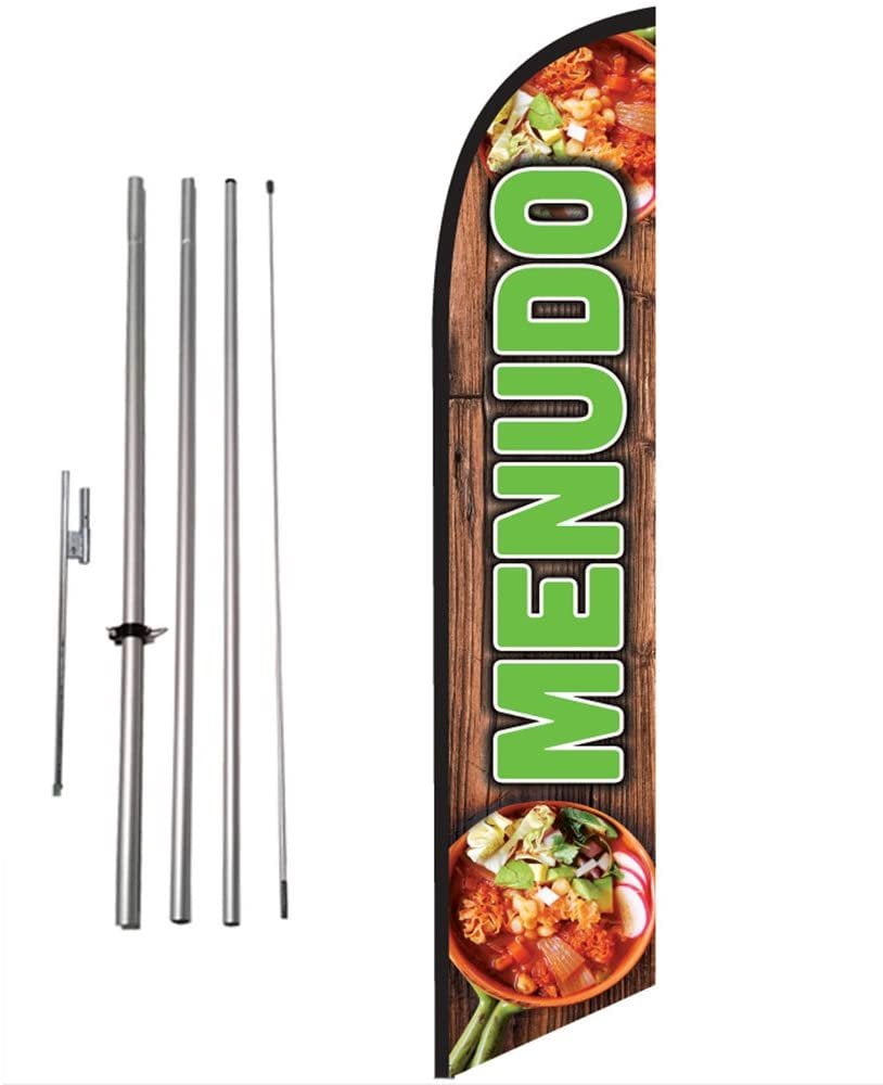 Menudo Spanish Advertising Feather Banner Swooper Flag Sign with Flag Pole Kit and Ground Stake