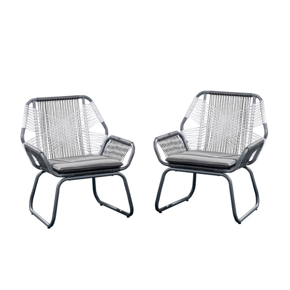 Meny Outdoor Club Chair Set of 2- White Rattan Woven- Matte Gray Metal