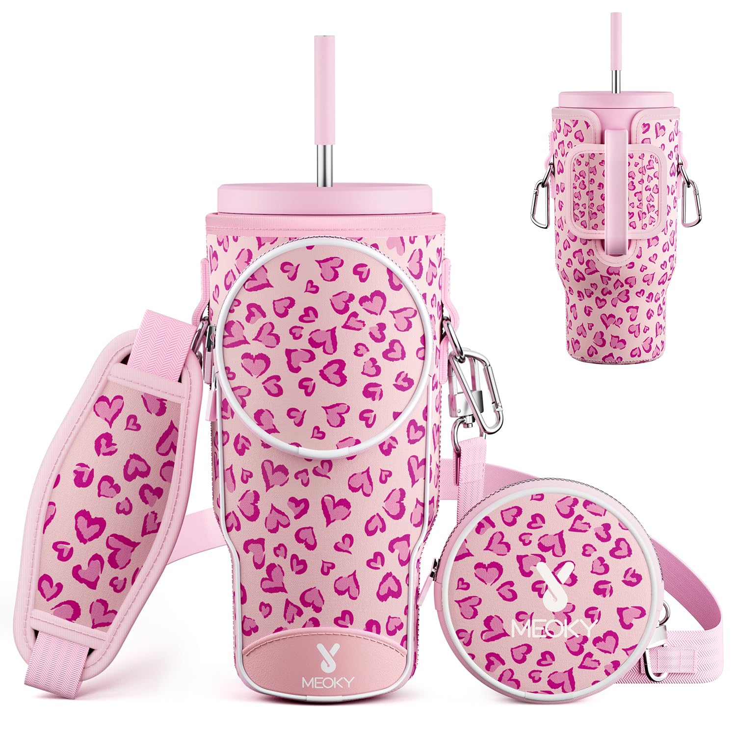 Meoky Water Bottle Carrier Bag With Phone Pocket - Fits 40 Oz Tumbler, Neoprene, Adjustable Strap, 2 Carabiners