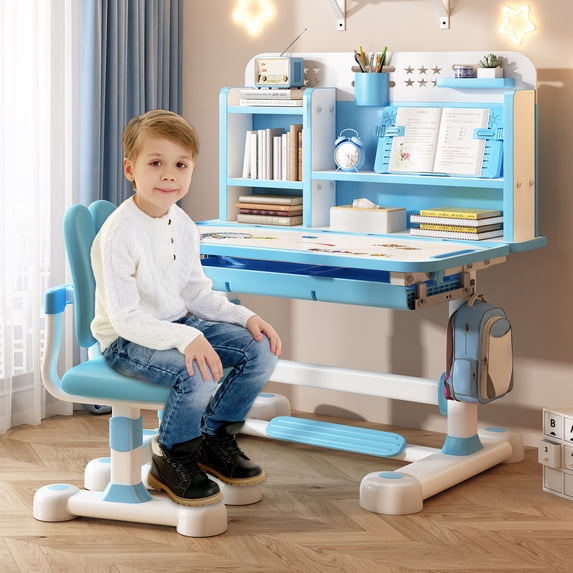 Meoldis Adjustable Height Kids Desk and Chair Set with LED Lamp, Children's Study Desk with Storage Drawer & Tiltable Top, Ergonomic Writing Table for Home