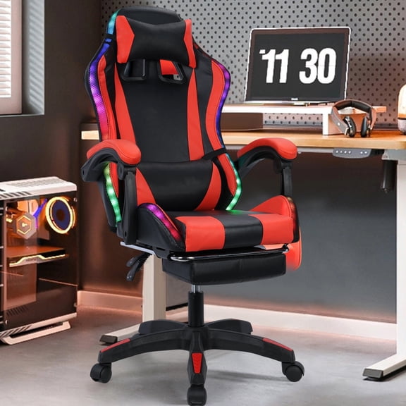 Meoldis Gaming Chair with Bluetooth Speakers & LED Lights, Massage Ergonomic Gamer Chair with Retractable Footrest, High Back Racing Style Office Chair