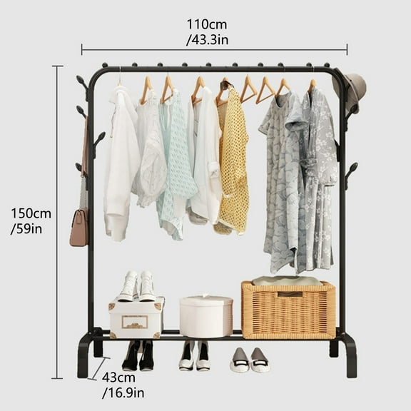 Meoldis Heavy Duty Clothing Rack with Shelf, Industrial Garment Rack, Metal Coat Rack with Storage for Laundry, Clothes & Shoes, Standing Closet for Home Use