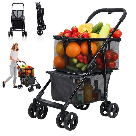 Meoldis Large Foldable Shopping Cart with Wheels, Heavy Duty Collapsible Grocery Cart, Portable Utility Trolley with Detachable Bag for Groceries, Laundry & Camping
