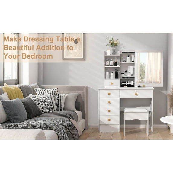 Meoldis Vanity Desk with Sliding Mirror & Lights, Makeup Dressing Table with 6 Drawers, 3 Open Shelves, 3 Lighting Modes, Compact White Vanity Table with Storage for Bedroom