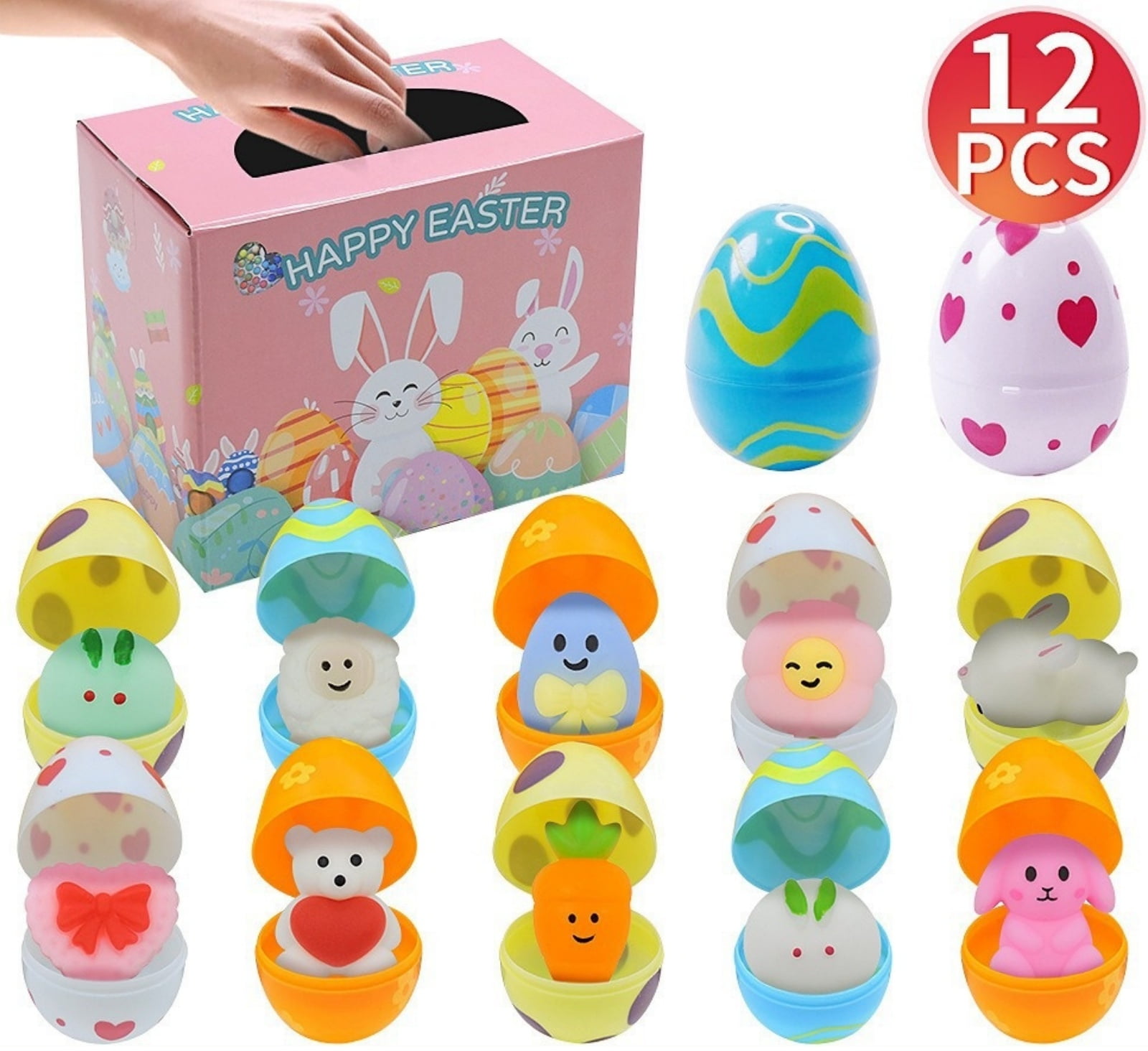 Meottam 12 Pack Prefilled Easter Eggs with Mochi Squeeze Toys, Easter Basket Stuffers for Easter Gifts Egg Theme Party Favor, Kids Novelty Toys Class Prizes Birthday Gifts Stress Relief Toy