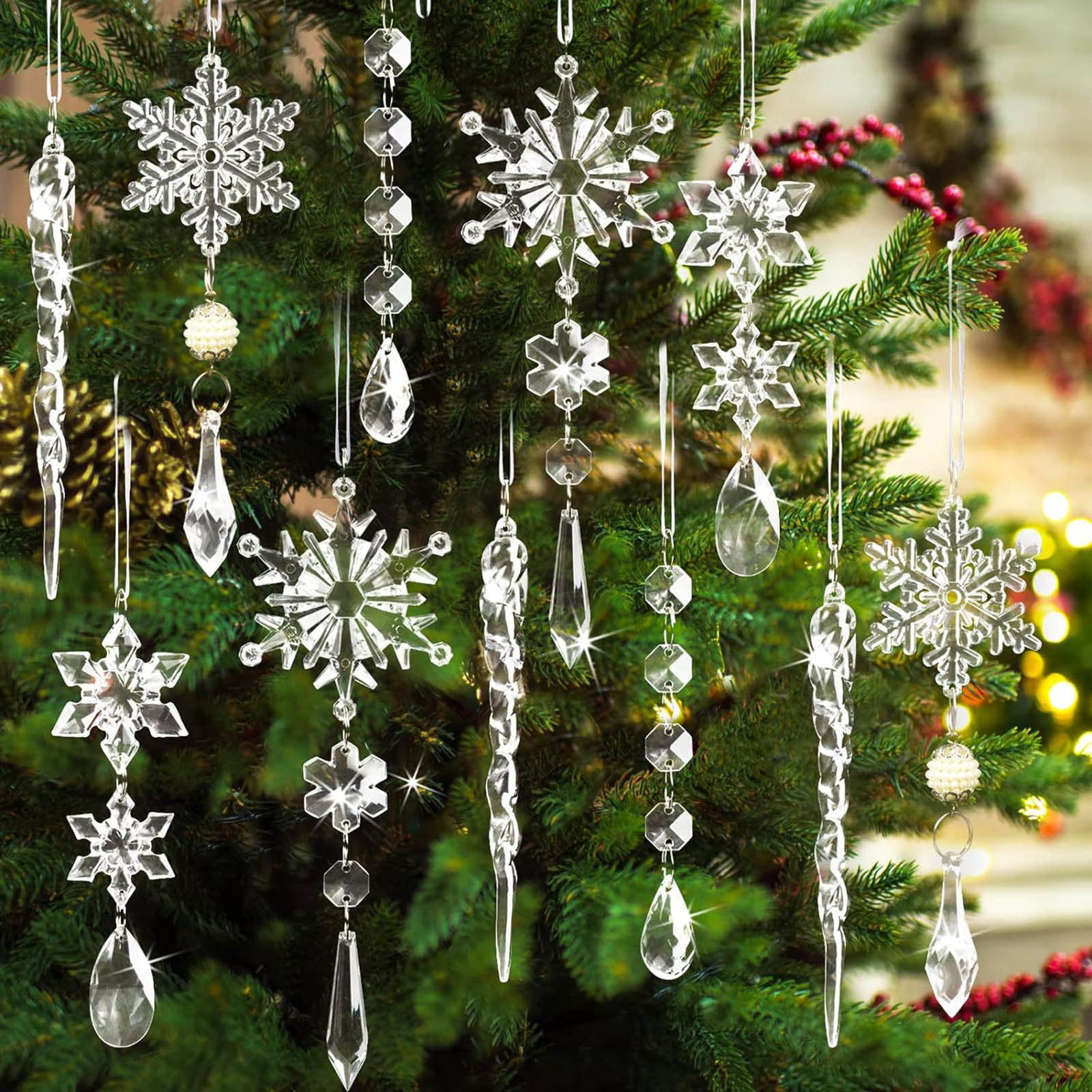 18-Piece Clear Acrylic Crystal Snowflake and Icicle Ornament Set
