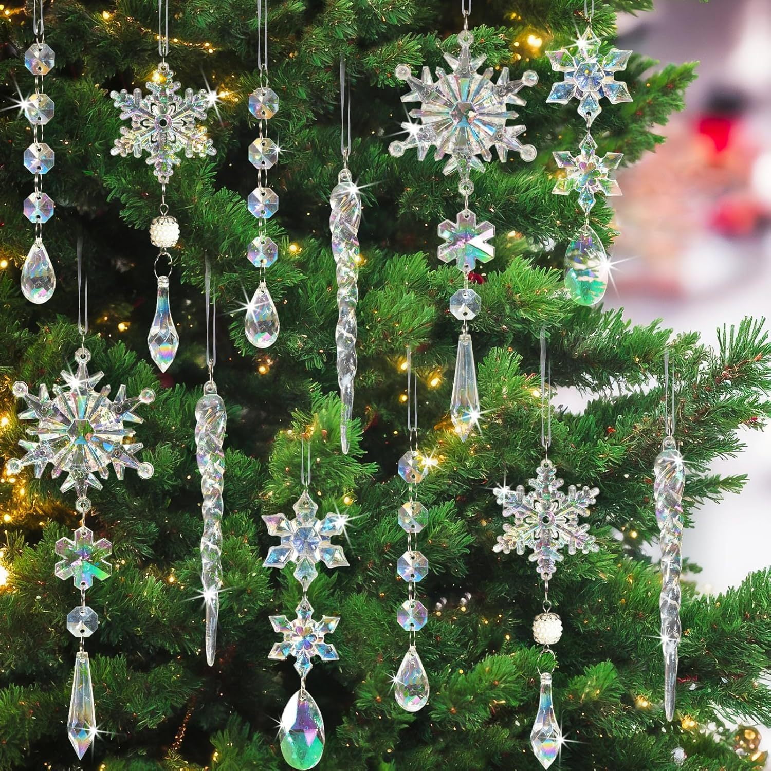 18-Piece Clear Acrylic Crystal Snowflake and Icicle Ornament Set
