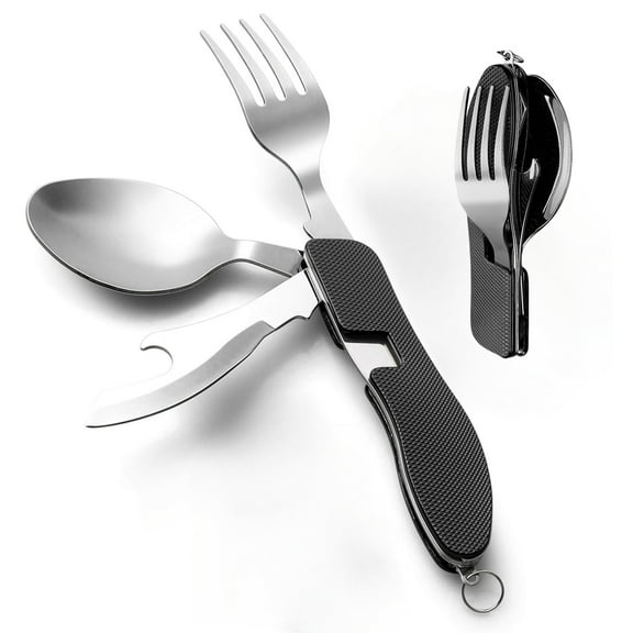 Meottam 2 Pack 4-in-1 Camping Utensils Set, Stainless Steel Spoon Fork Knife Bottle Opener Set, Backpacking Eating Cutlery for Traveling, Hiking, Scouting (Black)