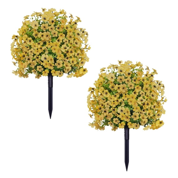 Meottam 2PCS Artificial Boxwood Topiary Ball Trees with Ground Spikes, UV Resistant Greenery Shrubs with Flowers for Garden, Yard, Porch, Patio Decor (Yellow)