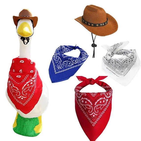 Meottam 4 Set Cowboy Porch Goose Outfits for Goose 23"/ 17'', Lawn Porch Goose Cowboy Hat with Bandana Scarf for Outdoor Patio Yard Lawn Art Decor