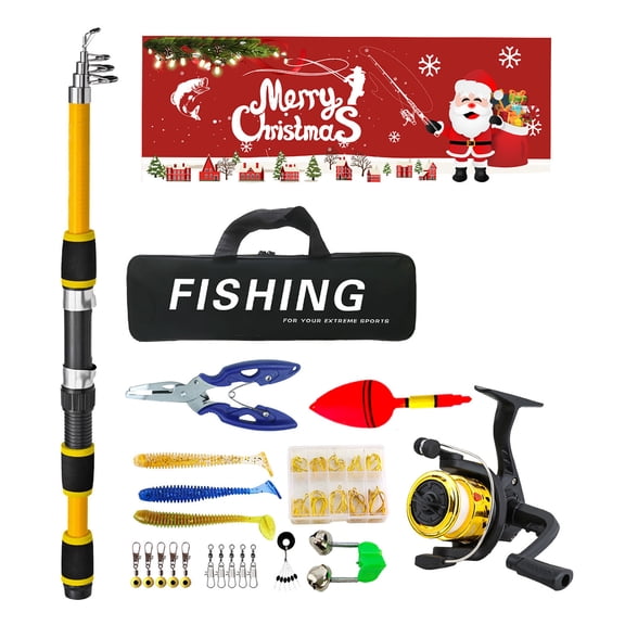 Meottam Christmas Kids Fishing Pole Set, Telescopic Fishing Rod and Reel Combo for Boys, Youth Toys Gift with Spincast Fishing Reel, Fishing Tackles, Fishing Lures, Fishing Lines (Yellow)