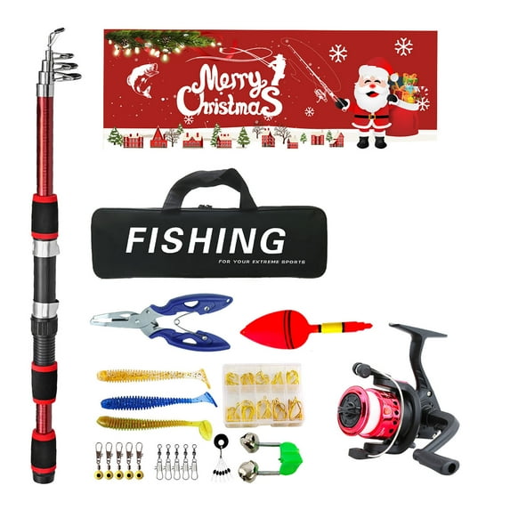 Meottam Christmas Kids Fishing Pole Set, Telescopic Fishing Rod and Reel Combo for Boys, Youth Toys Gift with Spincast Fishing Reel, Fishing Tackles, Fishing Lures, Fishing Lines (Red)