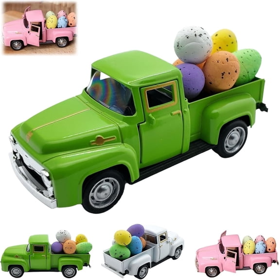 Meottam Easter Truck with Eggs Metal Vintage Farm Pickup Farmhouse Tabletop Tiered Tray Decor Home Kitchen Mantel Shelf Happy Spring Mini Diecast Truck Decorations (Green)