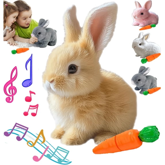 Meottam My Realistic Bunny Toy with Carrot, Easter Interactive Plush Rabbit Toy, Twitches & Wiggles Ears, Electric Rabbit Toys with Sounds and Movements for Kids (Brown)