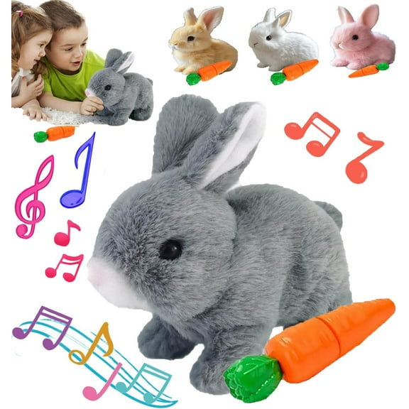 Meottam My Realistic Bunny Toy with Carrot, Easter Interactive Plush Rabbit Toy, Twitches & Wiggles Ears, Electric Rabbit Toys with Sounds and Movements for Kids (Gray)