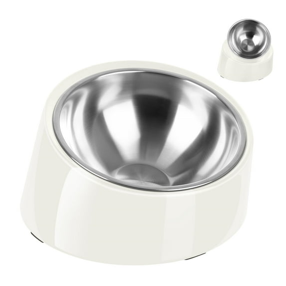 Meottam Tilted Dog Cat Bowl, 15° Slanted Stainless Steel Dog Cat Food Bowl, Non-Slip & Non-Spill Pet Feeder with Elevated Detachable Stand, Easy to Get Food Dish, S/0.5 Cup (White)