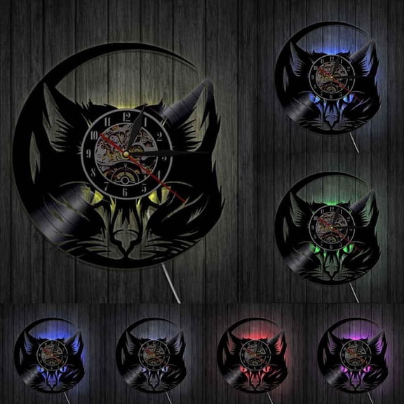 Meow Cat Head Wall Clock Black Cat Vinyl Record Clock Wall Art Cat Shop Decor Vintage Animals Cat Lover Home Decorative Clock
