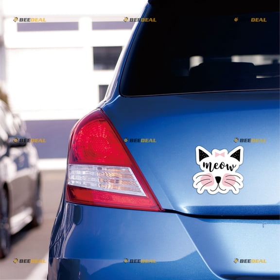 Meow Cute Cat Kitty Face Bow Tie Car Magnet Magnetic Sticker Decal - 2 Pack Reflective 4" - for Truck Door Fridge Reusable Waterproof