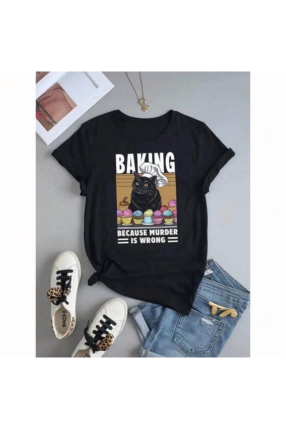 Meow Dessert Chef Pattern Printed T-Shirt, Round Neck Casual, T-Shirt Unisex S-5XL Hot Trending Shirt, Vintage Birthday Gift