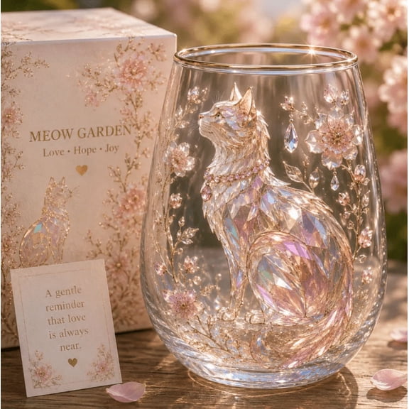 Meow Garden Crystal Cat Glass Tumbler, Fairytale Translucent Crystal Cat Pattern Glass Cup Perfect for Tea Wine Iced Coffee & Display