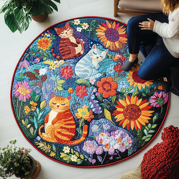 Meow Magic Spot Quilted Round Mat, 3D Optical Illusion Cat Rug, Magical Kitty Floor Mat, Cat Lover Gift, Indoor Outdoor Area Rug