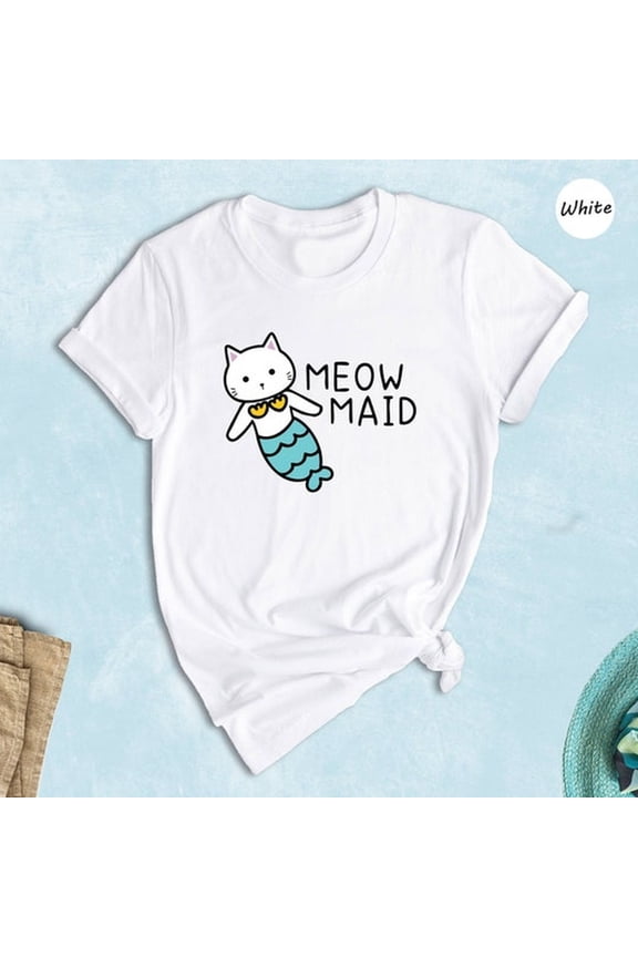 Meow Maid Cat Shirt, Cat Owner Gift, Funny Cat Shirt, Birthday Party Shirt, Lovely Cat Tee, Mermaid Theme T-shirt