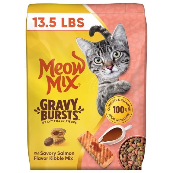 Meow Mix Gravy Bursts, Savory Salmon Flavor Kibble Mix, Gravy Filled Dry Cat Food, 13.5 lb. Bag