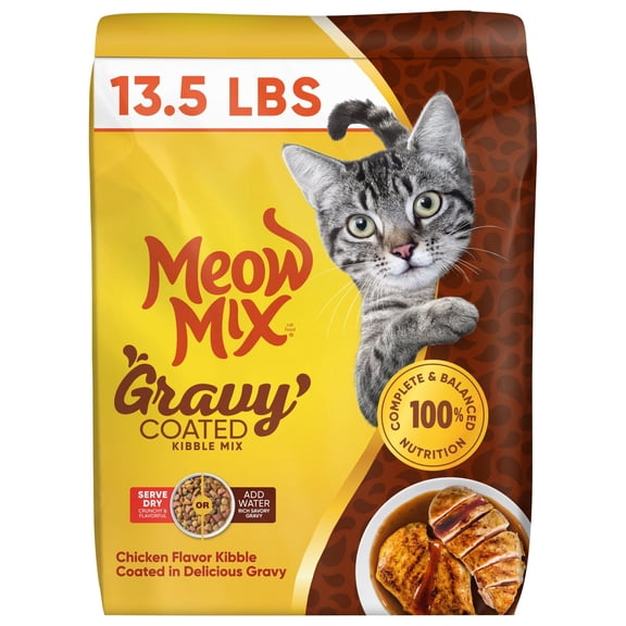 Meow Mix Gravy Coated Kibble Mix, Chicken Flavor Dry Cat Food, 13.5 Lb. Bag