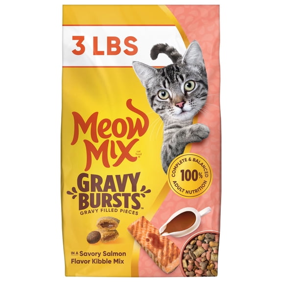 Meow Mix Gravy Bursts, Savory Salmon Flavor Kibble Mix, Gravy Filled Dry Cat Food, 3 lb. Bag