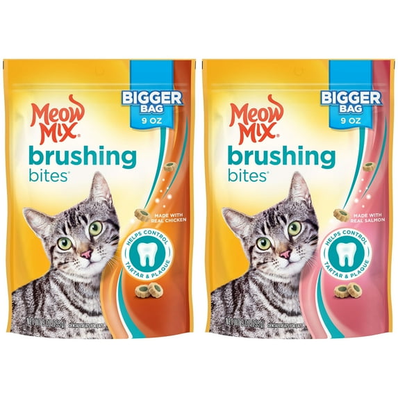 Meow Mix Brushing Bites 9 oz Variety Pack: Includes (2) Meow Mix Brushing Bites Your Cat Will Love!