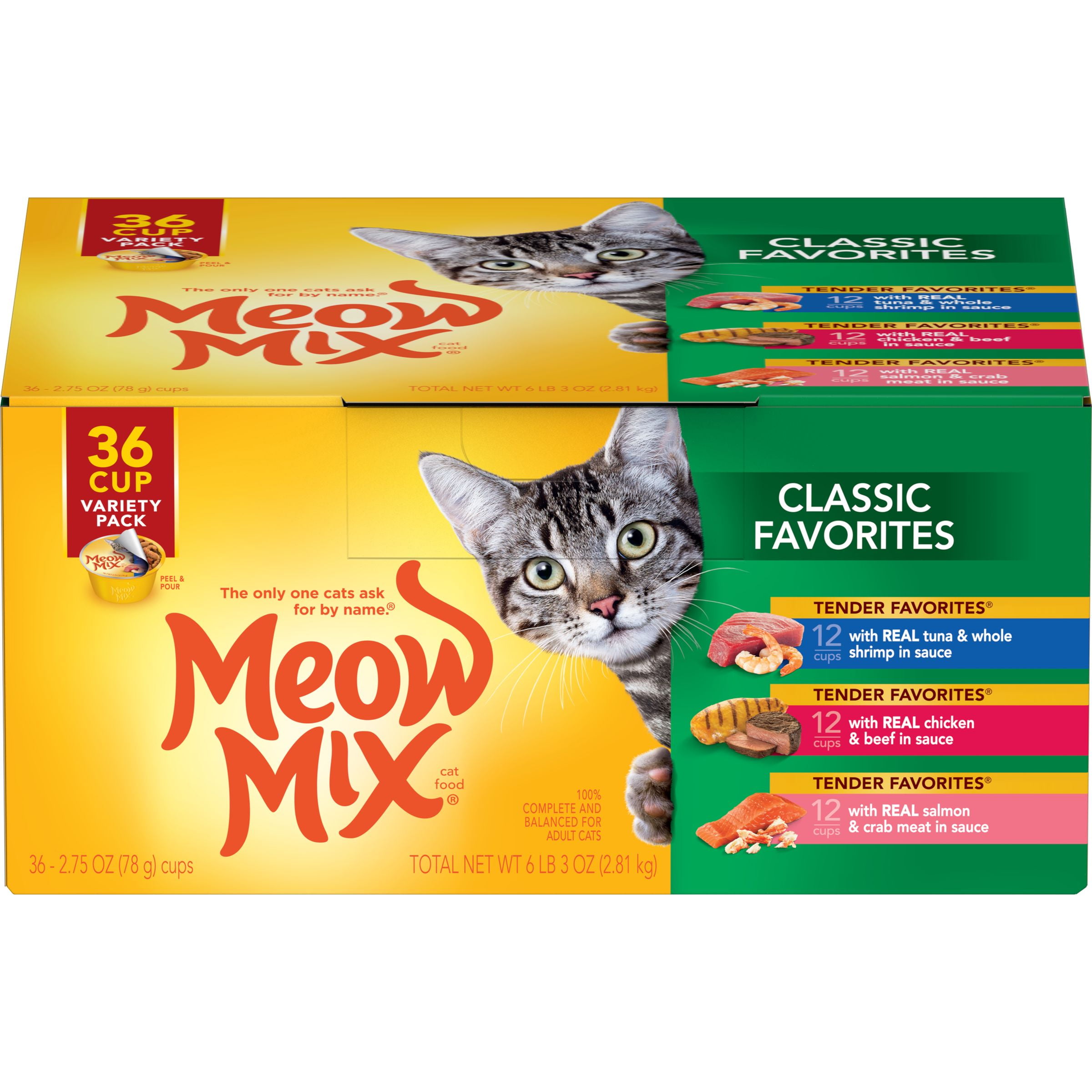 Meow Mix Classic Favorites Beef, Chicken, Tuna, Shrimp, Crab \u0026 Salmon Flavor Gravy Wet Cat Food, 2.75 oz. Cups (36 Count)