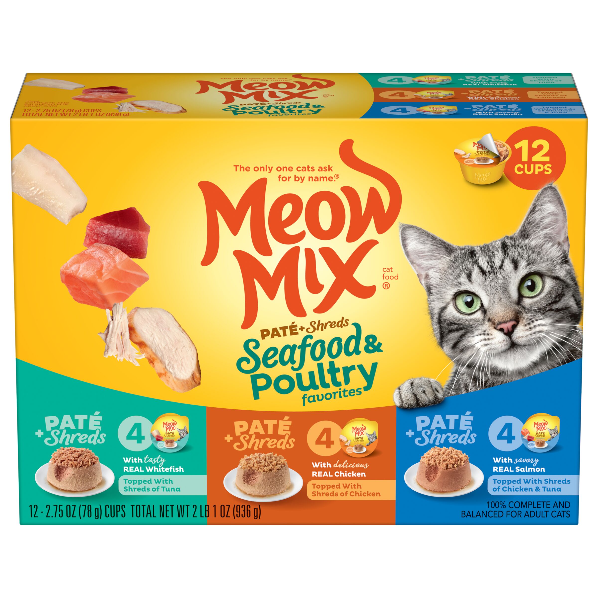 Meow Mix Pate Toppers Seafood & Poultry Variety Pack Wet Cat Food, 12 Cups - image 1 of 8