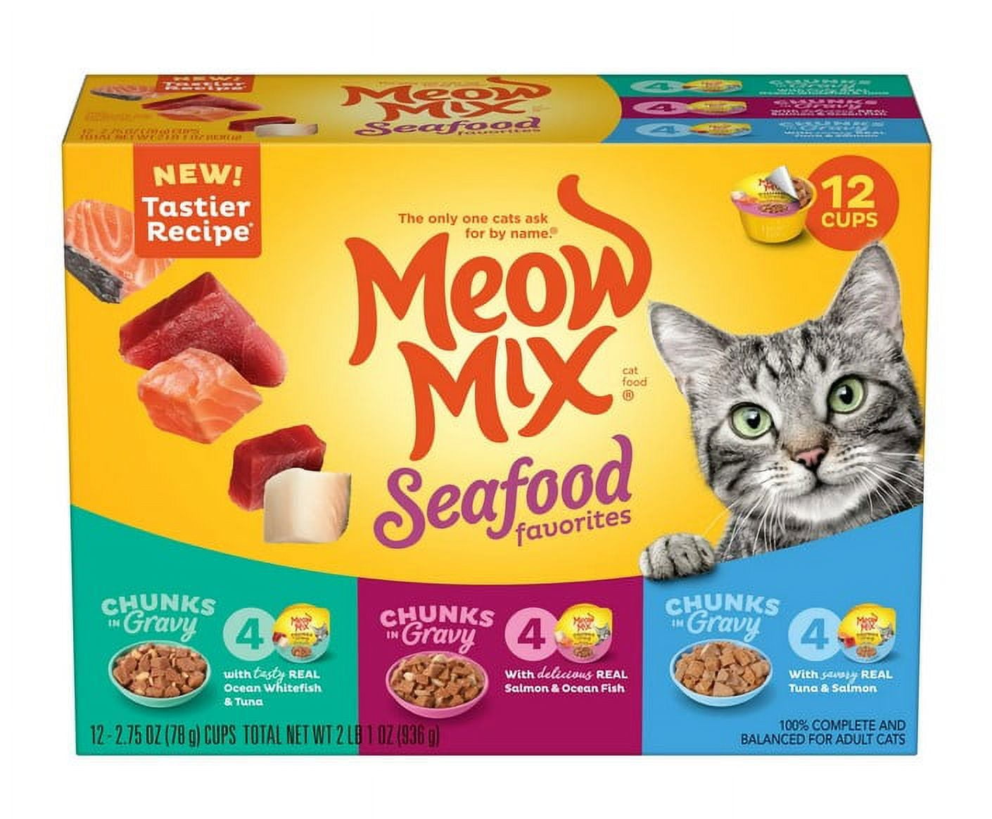 Meow Mix Savory Morsels Seafood Favorites Variety Pack, 2.75-Ounce Cans, Pack of 12