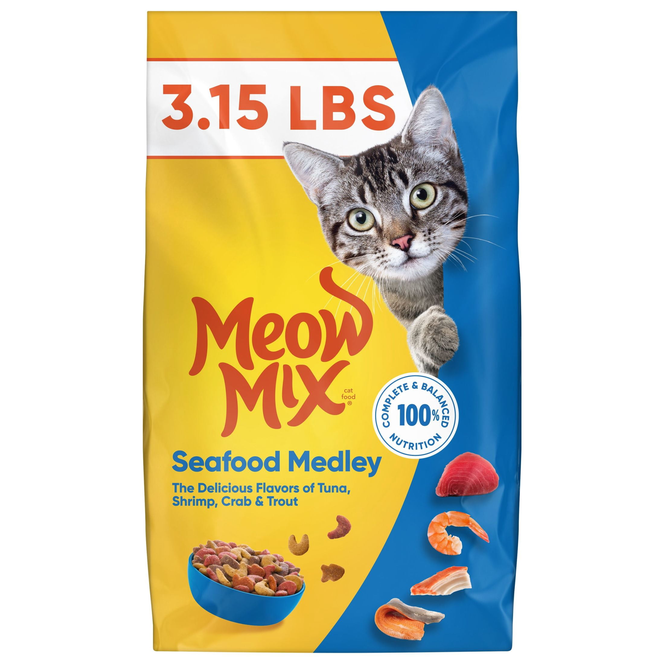 Meow Mix Seafood Medley Dry Cat Food, 3.15 lb with Tuna, Shrimp