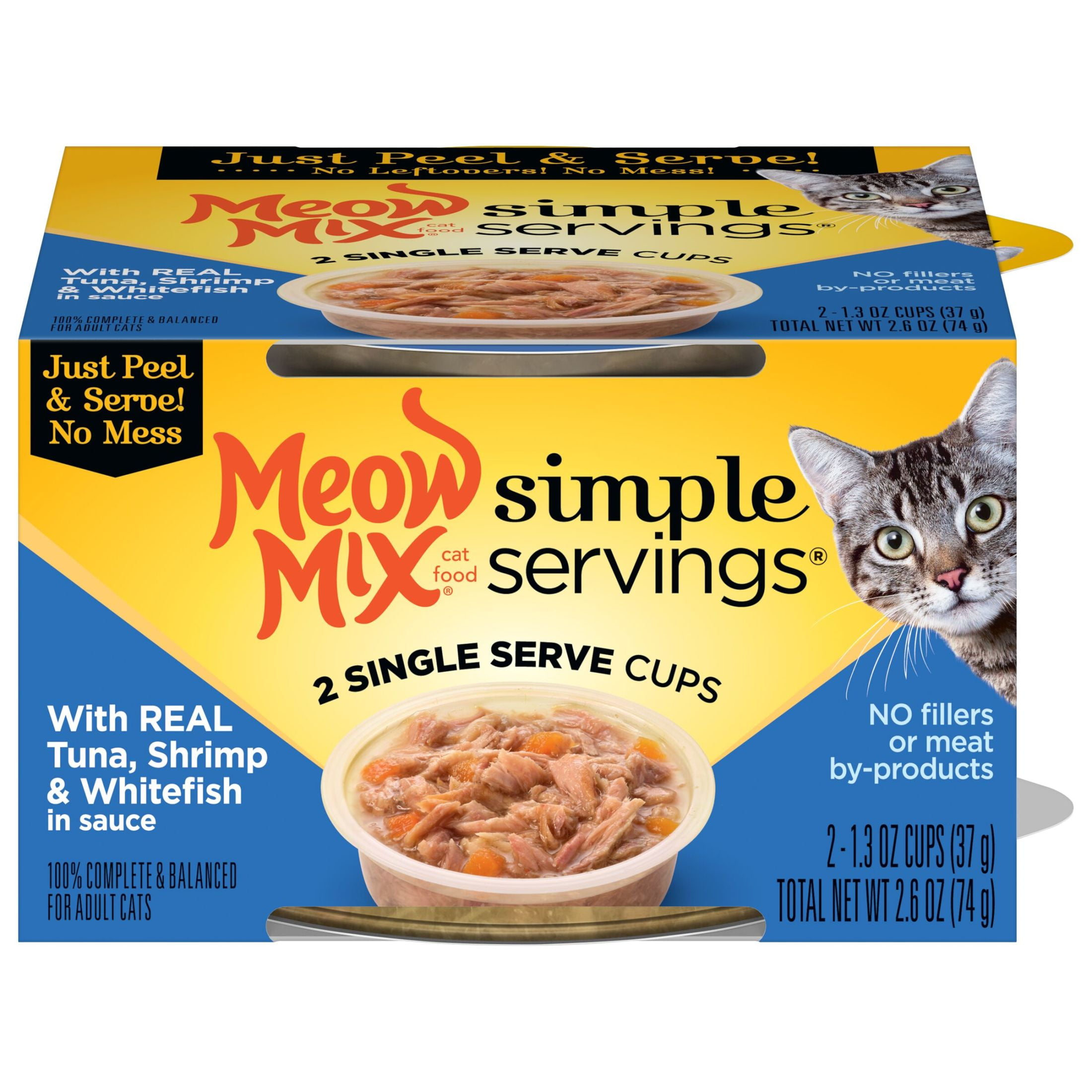 Meow Mix Simple Servings Wet Cat Food with Real Tuna, Shrimp & Whitefish in Sauce, 2.6 oz, Pack of 2 (Packaging May Vary)