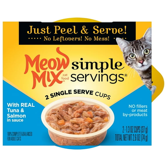 Meow Mix Simple Servings Wet Cat Food with Real Tuna and Salmon in Sauce, 2.6-Ounce, Pack of 2 (Packaging May Vary)
