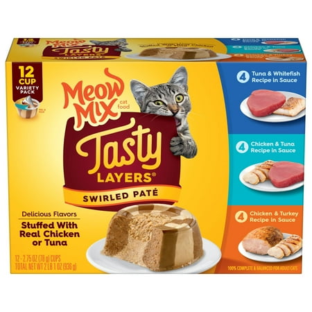Meow Mix Tasty Layers Swirled Pate Wet Cat Food Variety Pack, 12 cups, 2.75 oz Each