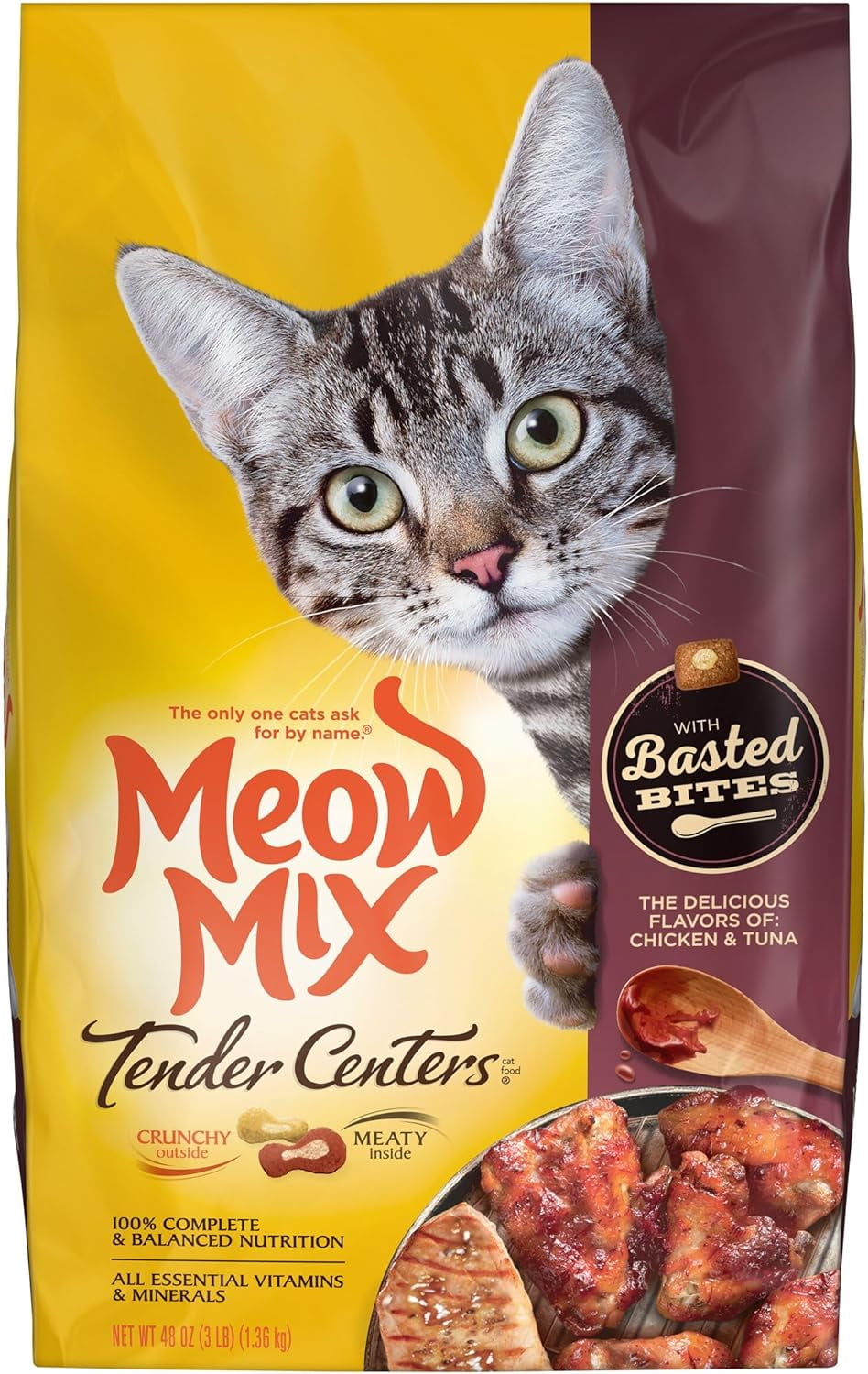 Meow Mix Tender Centers with Basted Bites, Chicken and Tuna Flavored Dry Cat Food, 3-Pound ( 1 PACK FREE! )