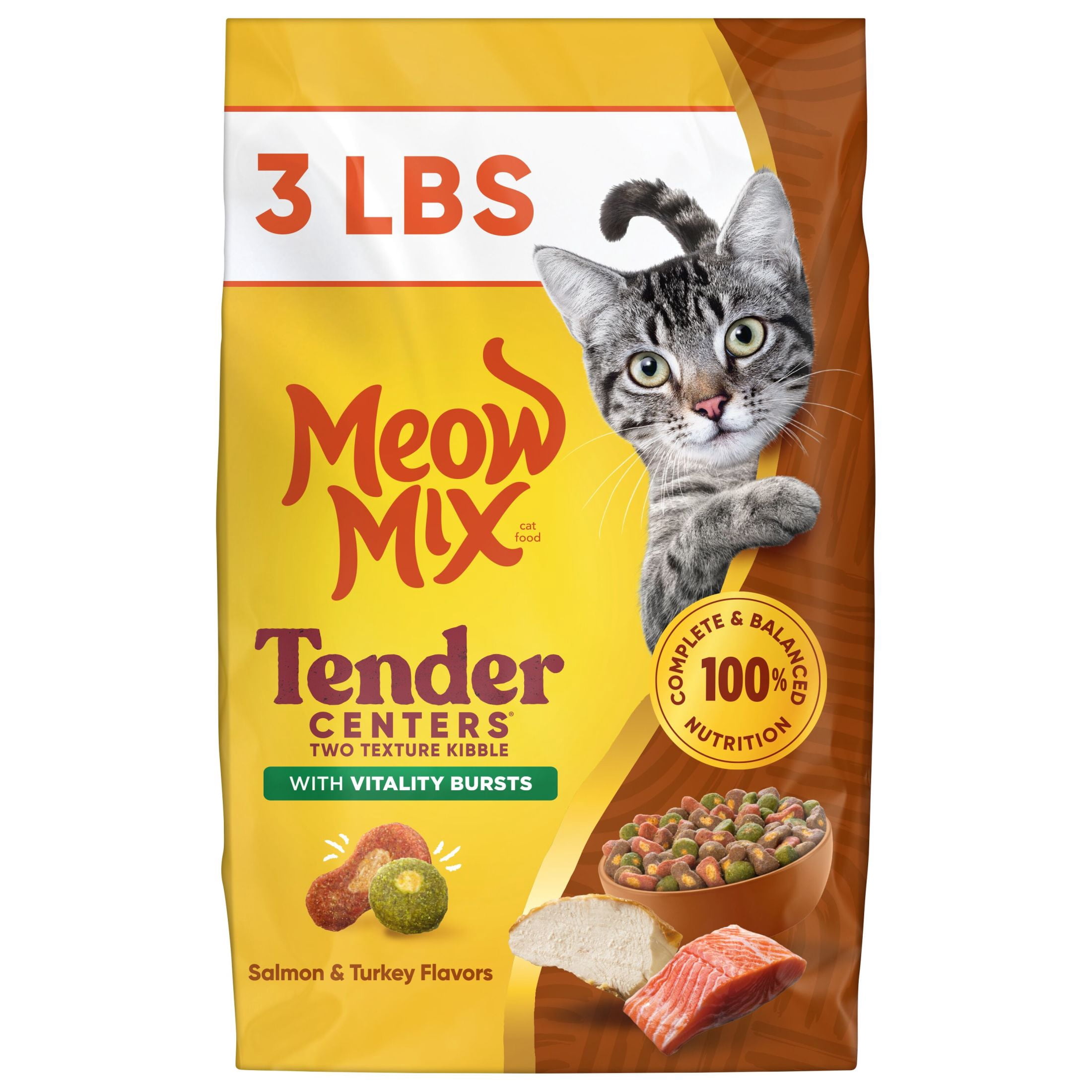 Meow Mix Tender Centers Dry Cat Food With Vitality Bursts Salmon & Turkey Flavors, 3 lb Bag