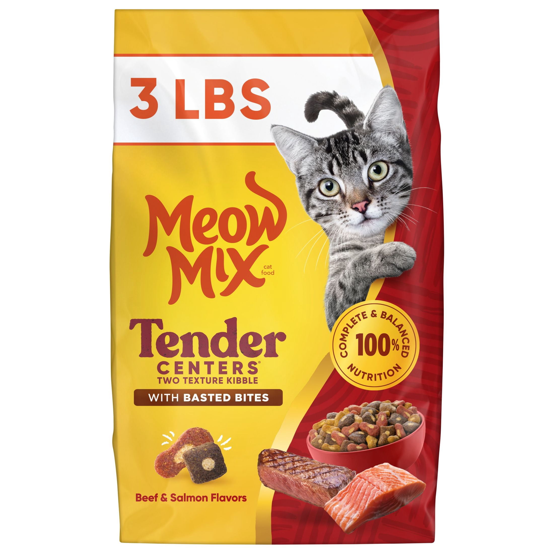 meow出品 Meow Mix, Dry Cat Food, 3 lb, Tender Centers with Basted Bites
