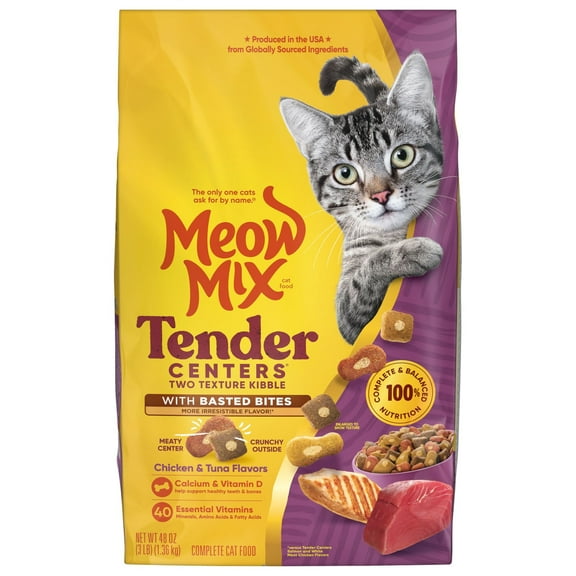 Meow Mix Tender Centers with Basted Bites, Chicken & Tuna Flavors, Dry Cat Food, 3 lb. Bag
