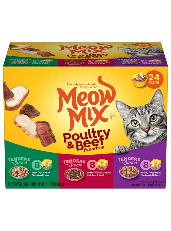 Meow Mix Tender Favorites Poultry & Beef Variety Pack Wet Cat Food, 24 Cups
