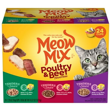 Meow Mix Tenders in Sauce Wet Cat Food Variety Pack With Poultry & Beef Favorites, 24 Cups, 2.75 oz Each
