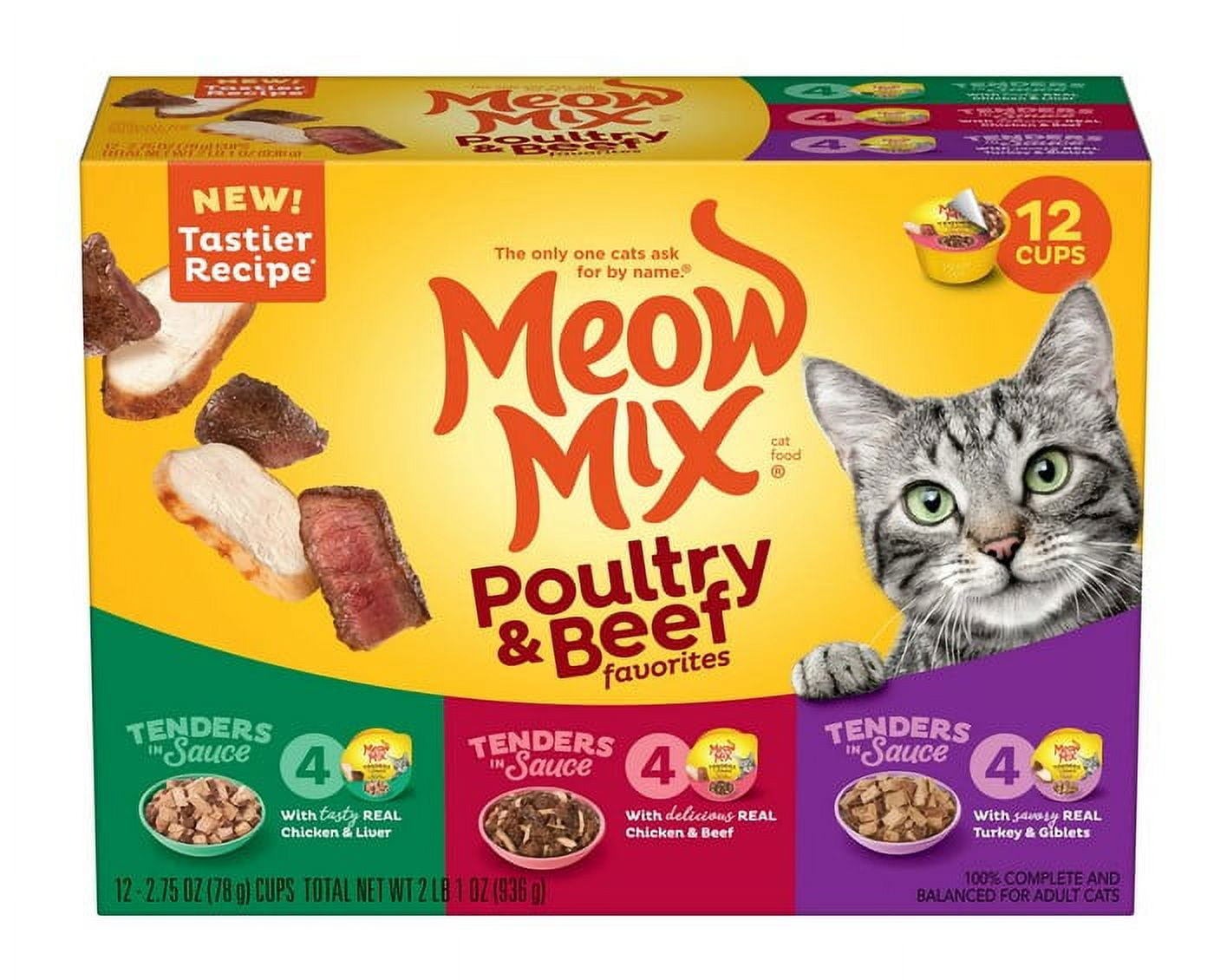 Meow Mix Tender Favorites Poultry \u0026 Beef Wet Cat Food Variety Pack, 2.75-Ounce Cups (Pack of 12)