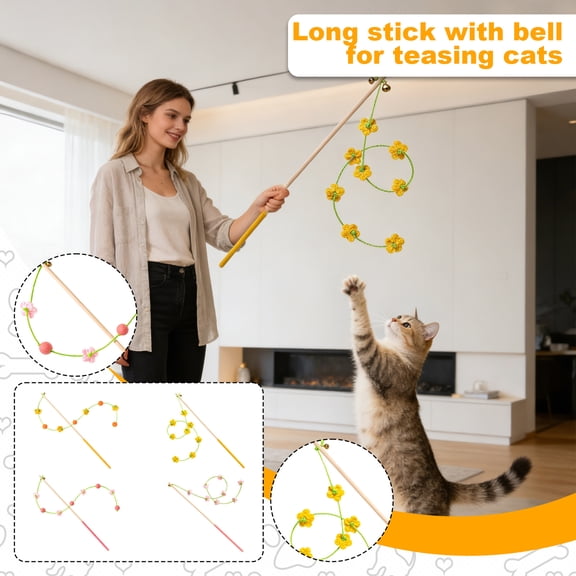 Meow Mr. Cat Interactive Wand Toy - 30-Inch Long-Handled Bell-Attached Durable For Scratching & Chewing - For Kittens Young Cats Self-Play Interactive Play Boredom Relief