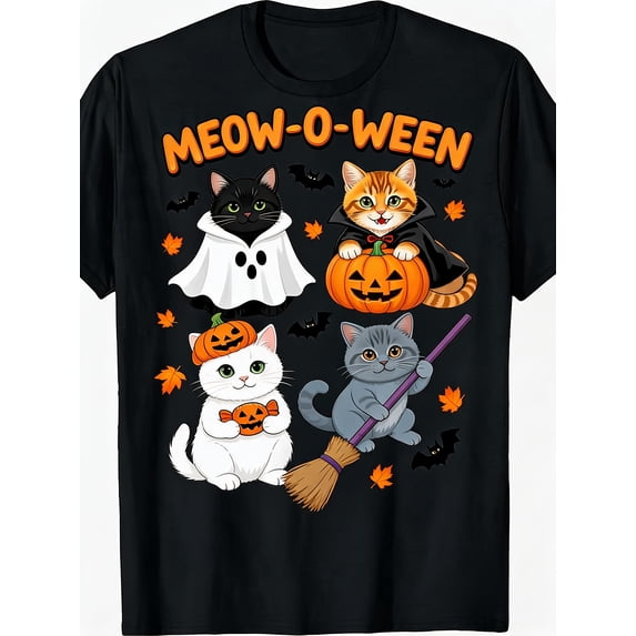 Meow O Ween Black Halloween Cat Vampire Witch Pumpkin Bat Graphic Tee for Men Women, Cute Spooky Kitten Short Sleeve T-Shirt, Casual Crew Neck Top for Cat Lover Halloween Gift