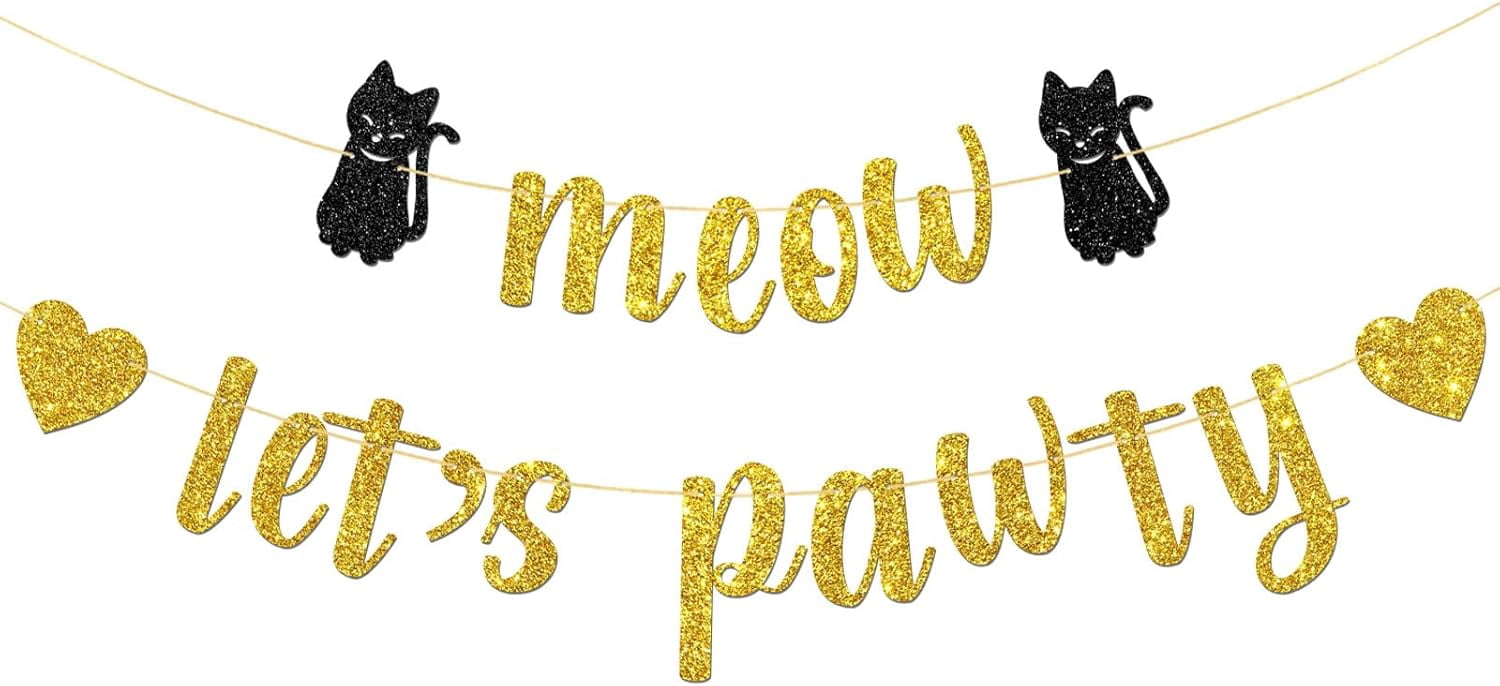 Striscione Festa Compleanno Gatto 'Meow Let's Pawty' - Decorazione Con Lettere Glitter Oro Fai Da Te