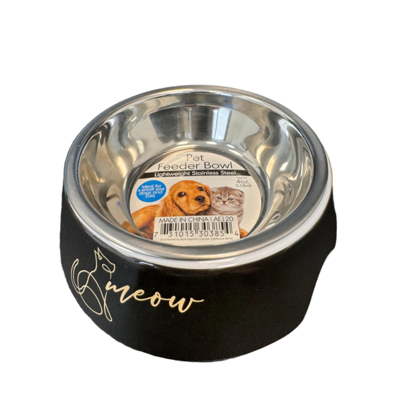 Meow Pet Feeder Dish with a Removable Steel Bowl, 4-Ounce Capacity, Non-Slip Base, Durable and Easy-to-Clean Design for Small or Large Spaces – Perfect Dining Solution for Your Furry Companion Black