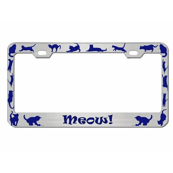 Meow! Style Heavy Duty Cat Lovers Metal License Plate Frame Personalised/Car Accessories Car Tag Holder Cover (Chrome/Blue)